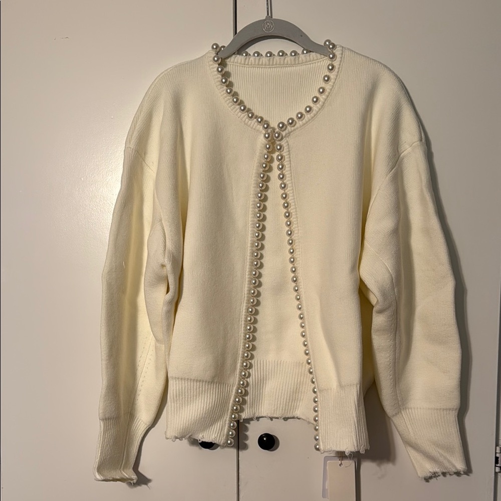 Commense Cream Pearl-Trimmed Cardigan